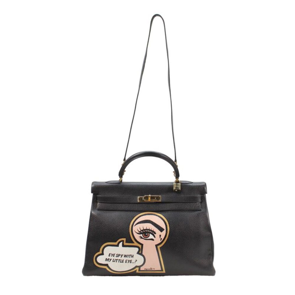 Hermes Womens Printed Kelly 35 Gold Tone Hardware Leather Handbag Black - Picture 6 of 8